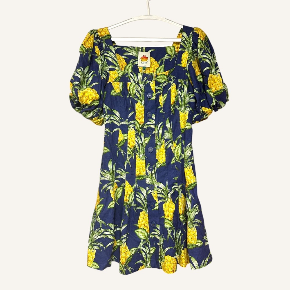 NWT Farm Rio Navy Blue Pineapple Print Puff Sleeve Mini Pleated Dress Sz S Linen - Picture 2 of 9